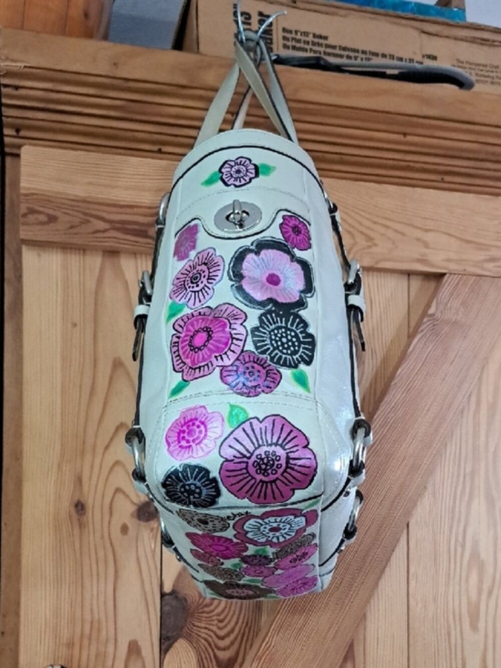 Hand Painted Leather Tote Vintage Floral Hand Painted Sides and Bottom